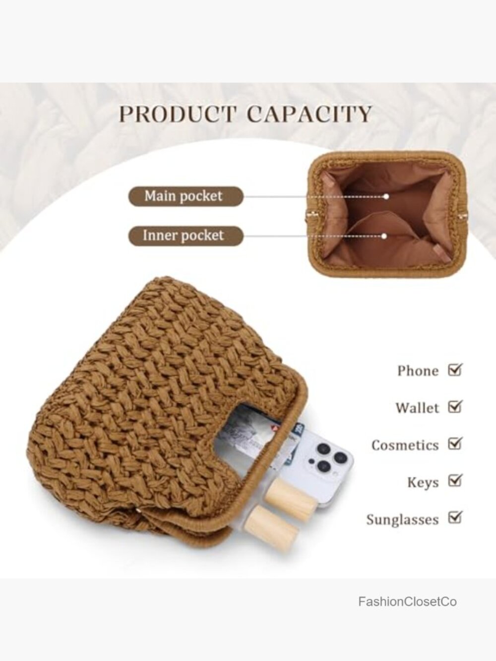 Straw Clutch Purse for Women Summer Beach Woven Bags Top Handle Crossbody - Picture 6 of 7